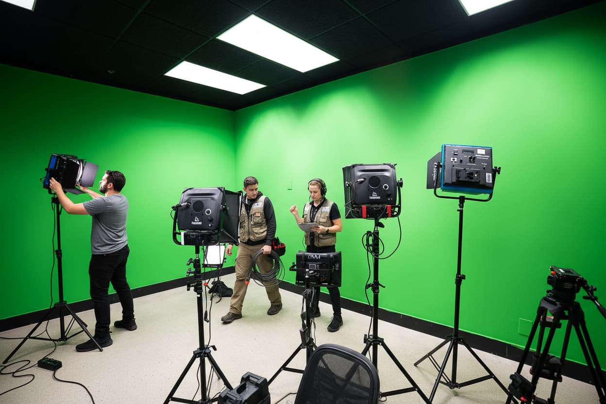 Green screen stage with lighting kit and a crew preparing for capture